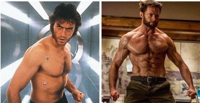25. Hugh Jackman przykoksił! Po lewo zdjęcie z X-Menów z 2000 roku, po prawo z Wolverina z 2013 roku.