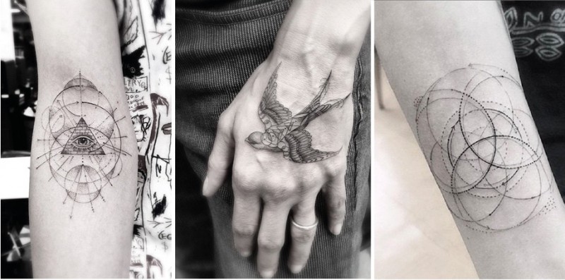 Geometryczne tatuaże w wykonaniu chłopaka, który rozpoczął eksperymentować z tatuowaniem w wieku 13 lat.