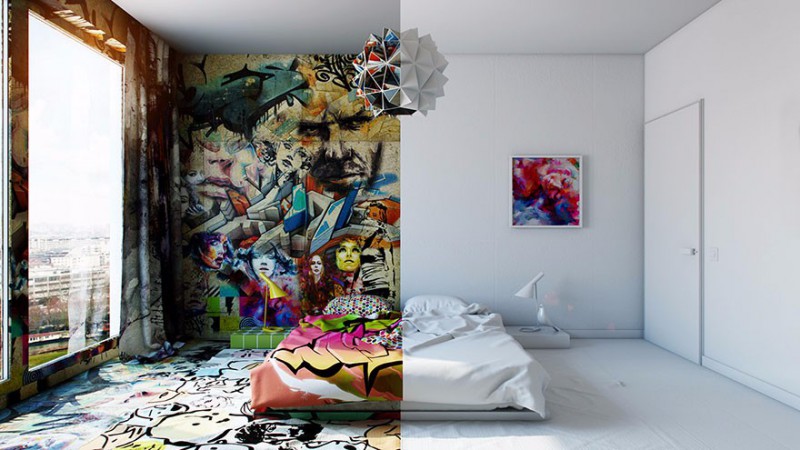 W połowie biel, w połowie graffiti: projektant dzieli pokój hotelowy na dwa zupełnie różne światy.
