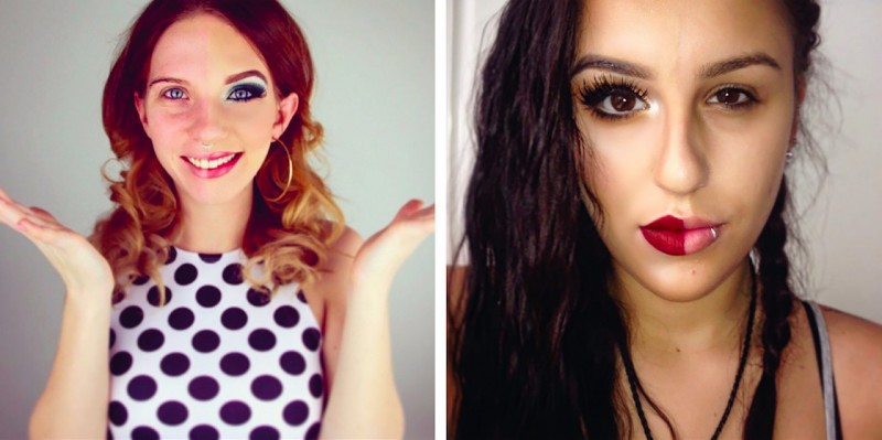 Kobiety wstawiają zdjęcia swoich w połowie pomalowanych twarzy, aby udowodnić moc makijażu.
