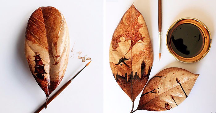Ten artysta tworzy romantyczne kompozycje malowane kawą na liściach.