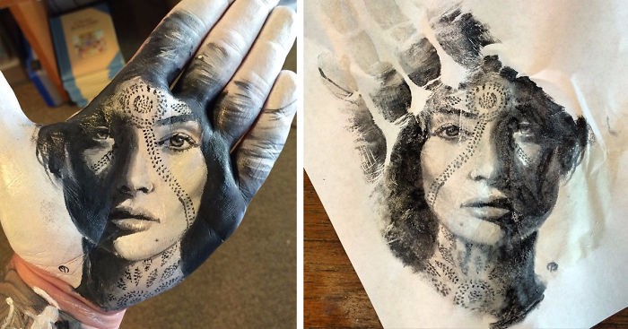 Nauczyciel maluje realistyczne portrety na swoich dłoniach i odciska je na papierze.