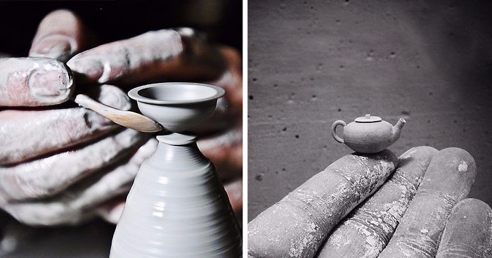 Artysta tworzy miniaturowe ceramiczne dzieła sztuki.