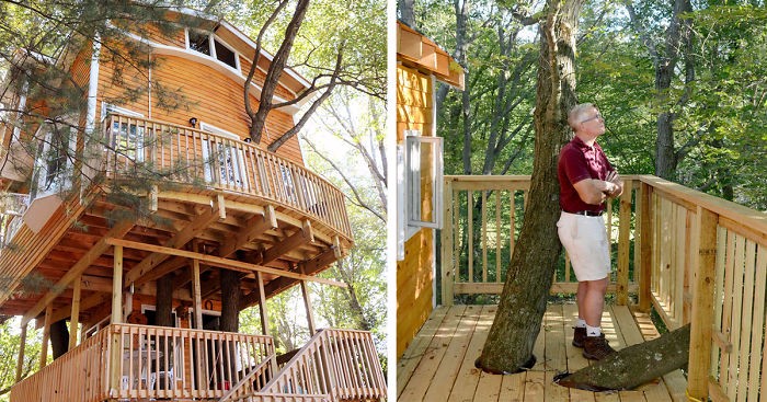 Zaradny dziadek buduje dla swoich wnucząt imponujący, 3-kondygnacyjny domek na drzewie.