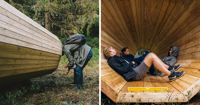 Estońscy studenci architektury wnętrz ozdabiają las drewnianymi megafonami.