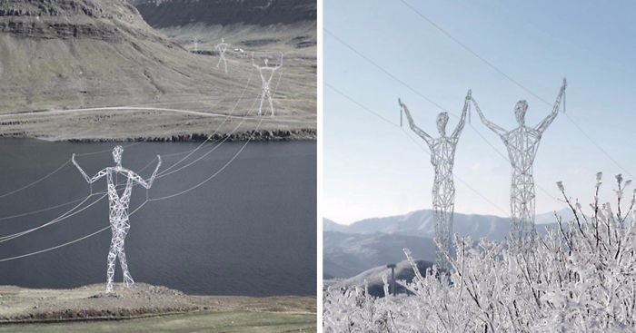 Pomysłowi architekci zamieniają islandzkie pylony energetyczne w olbrzymie ludzkie posągi.