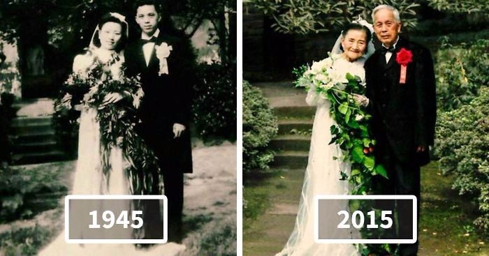 Para 98-latków odtwarza swoje zdjęcia ślubne po 70 latach małżeństwa.