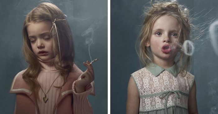 Stylizowane, poruszające zdjęcia młodocianych palaczy, odgrywających role dorosłych ludzi.