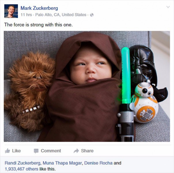 Mark Zuckerberg publikuje na Facebooku zdjęcie swojego nowo narodzonego dziecka w stroju Jedi.