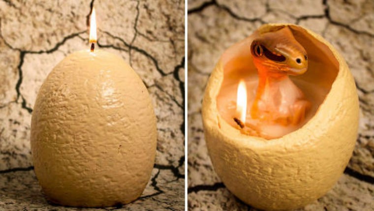 Tajemnicza świeca w kształcie jaja dinozaura kryje w swoim wnętrzu uroczą niespodziankę.