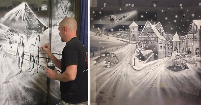 Brytyjski artysta tworzy bajkowe ilustracje, posługując się sztucznym śniegiem.