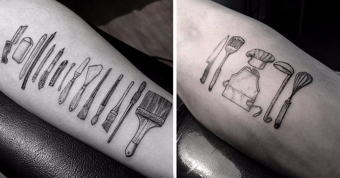 Tatuażysta ozdabia ludzi obrazkami, przedstawiającymi narzędzia odpowiadające ich profesjom.