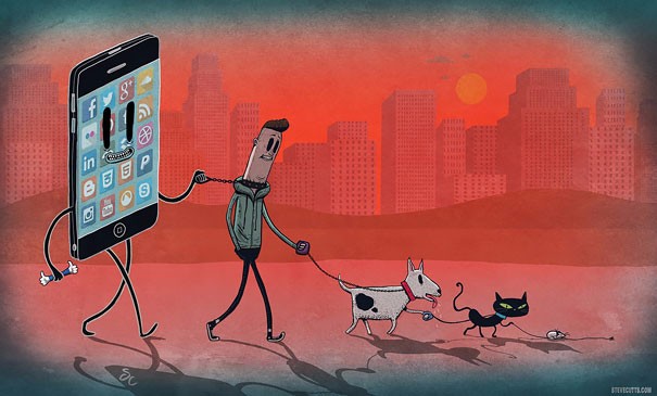 20 ironicznych obrazków, ilustrujących powszechne uzależnienie od technologii.