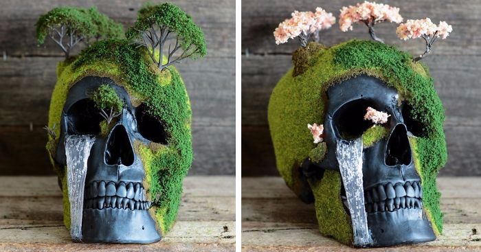 Australijska firma tworzy ekstrawaganckie figurki w formie czaszek, udekorowanych bonsai.