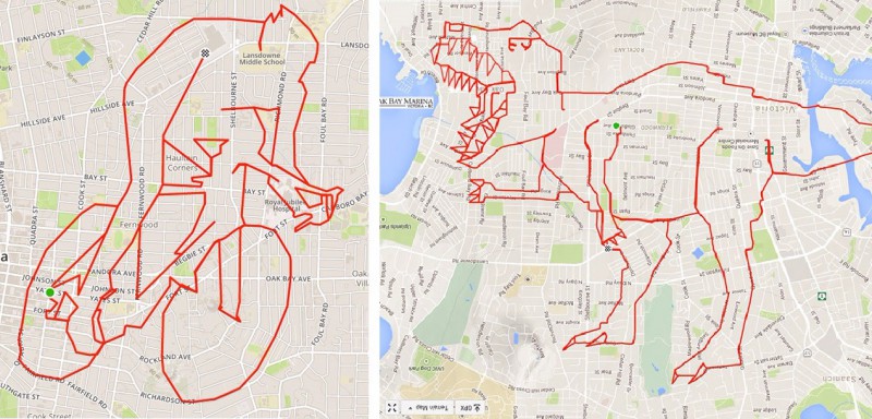 Kreatywny rowerzysta ozdabia mapy rysunkami, wyznaczającymi jego kolarskie trasy.