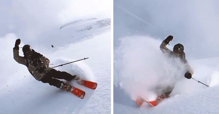 Szwajcarski narciarz obraca iPhone’a dookoła głowy, nagrywając swój popisowy zjazd.