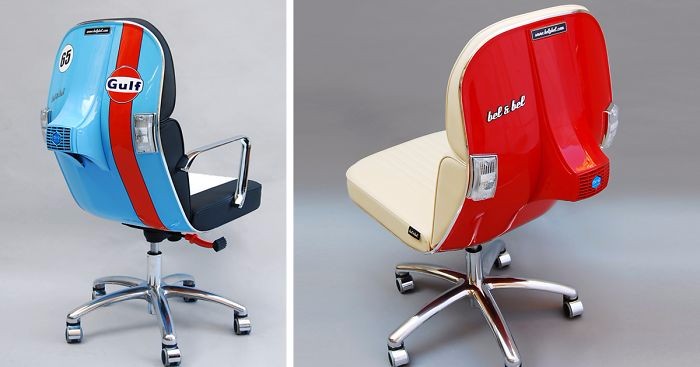 Studio projektowe z Barcelony prezentuje fotele biurowe, stworzone z części skuterów Vespa.
