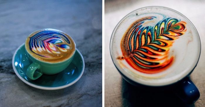 Kreatywny barista z Las Vegas serwuje doskonałą kawę, zdobioną wielobarwnym mlekiem.