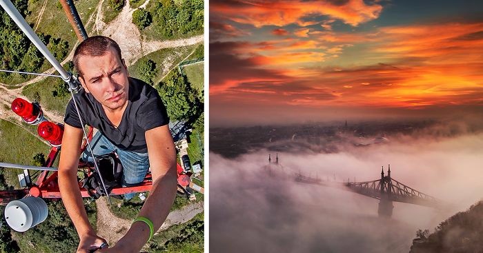 Fotograf ryzykuje życie, poszukując najkorzystniejszych ujęć pięknego Budapesztu.