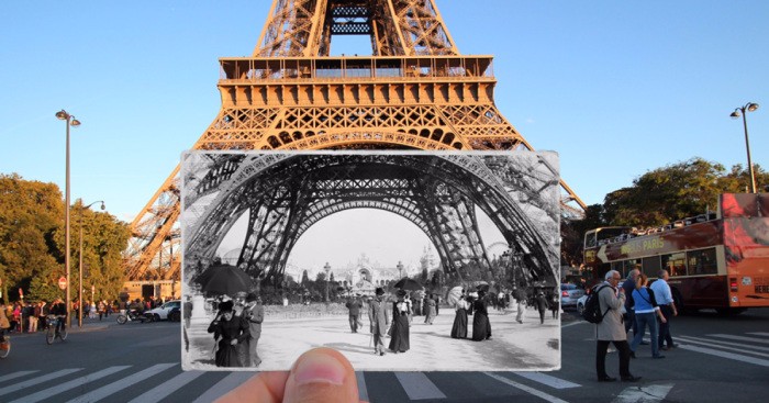 Artysta przywraca historię do życia, zestawiając ze sobą dawne i współczesne fotografie Paryża.