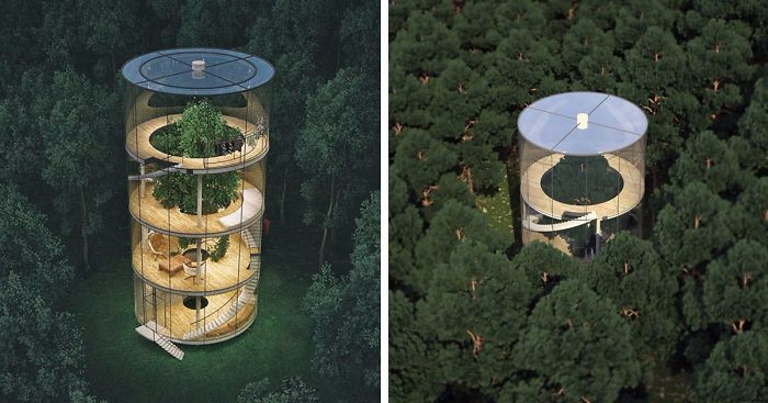 Niesamowity projekt cylindrycznego domu, wybudowanego dookoła drzewa.