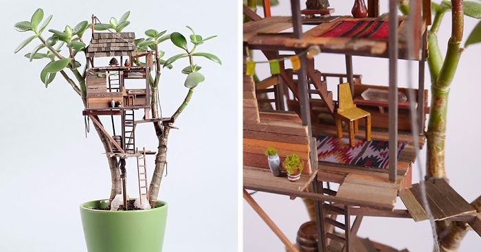 Miniaturowy domek na drzewie – doskonała alternatywa dla każdego, kto nie posiada własnego ogródka.