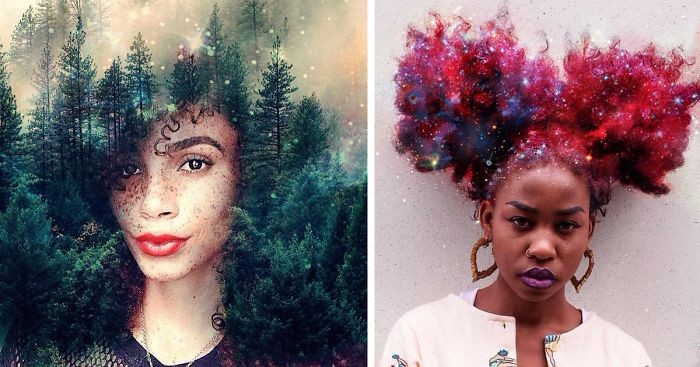 Amerykański grafik obraca fryzury czarnoskórych kobiet w galaktyczno-kwiatowe dzieła sztuki.