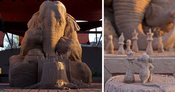 Stworzyli piaskową rzeźbę, przedstawiającą naturalnych rozmiarów słonia, rozgrywającego partię szachów z myszą.