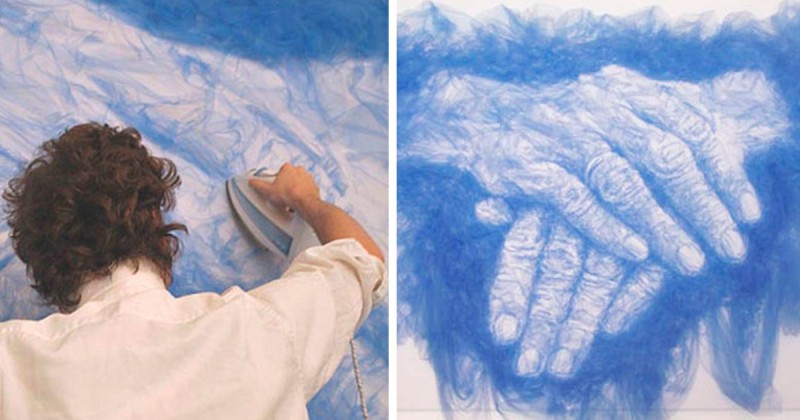 Artysta kreuje spektakularne dzieła przy pomocy drapowanych tkanin.