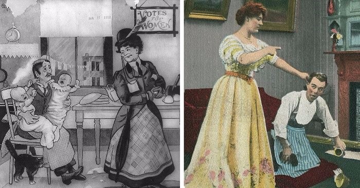 20 pocztówek z początku XX wieku przestrzegających przed konsekwencjami nowych praw kobiet.