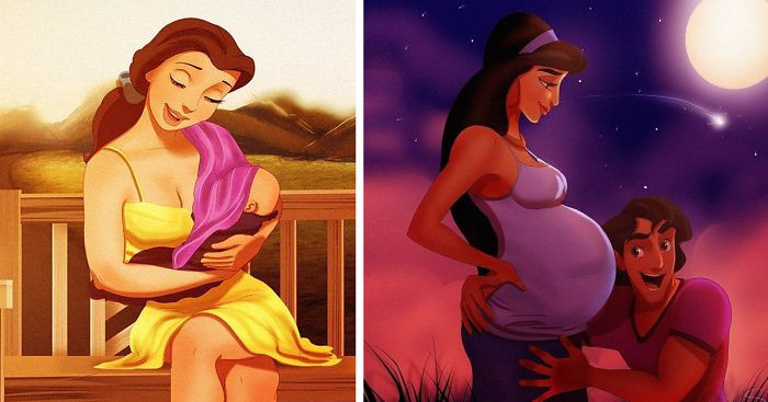 Amerykański artysta zwizualizował księżniczki Disneya w rolach szczęśliwych matek.