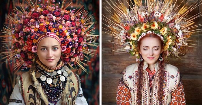 13 współczesnych Ukrainek w tradycyjnych, bogato zdobionych wiankach.