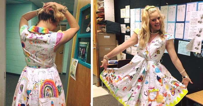 Nauczycielka szkoły podstawowej z Oklahomy pozwoliła uczniom ozdobić swoją sukienkę rysunkami.