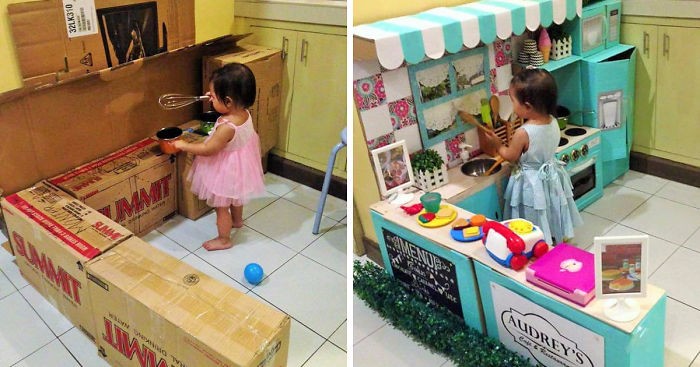 Kochająca mama stworzyła dla swojej córeczki miniaturową kuchnię z kartonowych pudełek.