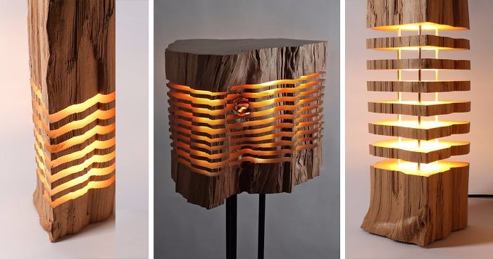 Oryginalne lampy z drewna w plasterkach – doskonały dodatek do stylowego wystroju salonu.