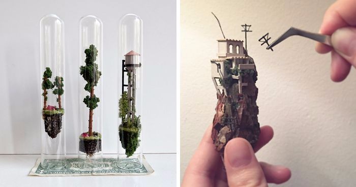 Holenderska artystka tworzy miniaturowe, lewitujące pejzaże w szklanych probówkach.