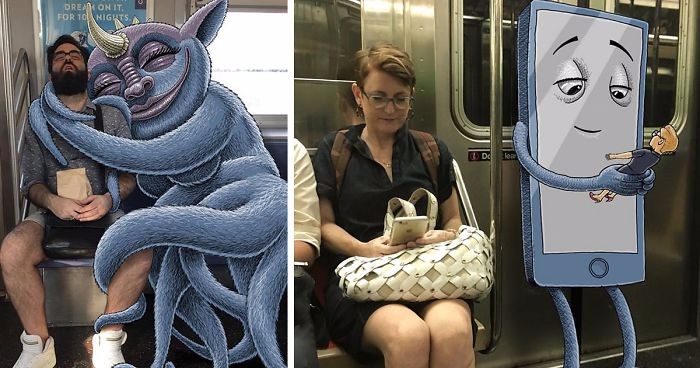 Nowojorski artysta wzbogaca swoją drogę do pracy o wyimaginowanych pasażerów metra.