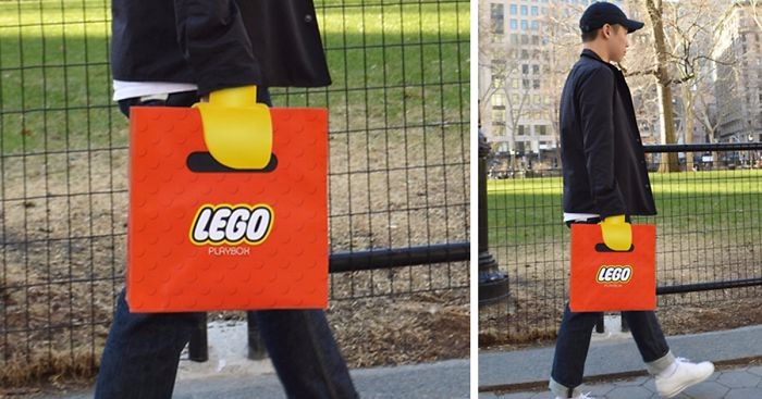 Firmowa torba na klocki przemieni Twoją dłoń w rękę naturalnych rozmiarów ludzika LEGO.