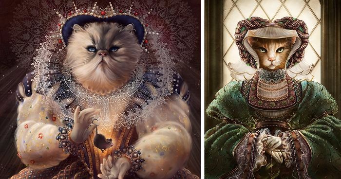 Pomysłowa ilustratorka przedstawia wizerunki kotów w rolach historycznych postaci.