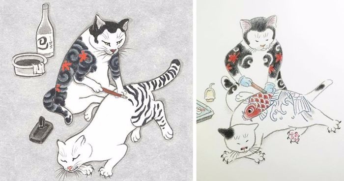 Japoński artysta tworzy oryginalne ilustracje ukazujące wytatuowane koty i przenosi je na ludzką skórę.