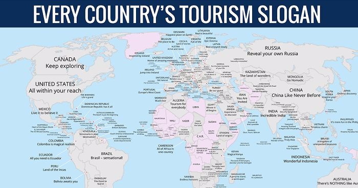 Stworzono niezwykłą mapę zawierającą slogany turystyczne państw całego świata.