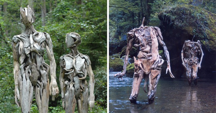 Japoński artysta tworzy tajemnicze, humanoidalne rzeźby z dryfującego drewna.