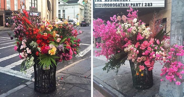 Wandalizm czy sztuka? Kreatywny florysta przemienia uliczne kosze na śmieci w gigantyczne wazony.