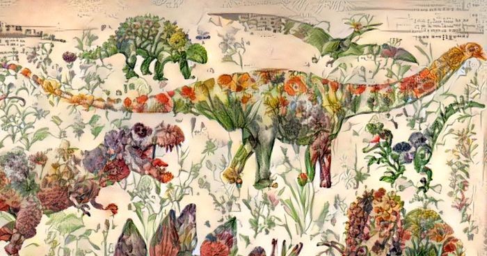 Sztuczna inteligencja przemieniła książkę pełną kwiatów w zaskakująco malowniczy atlas dinozaurów.