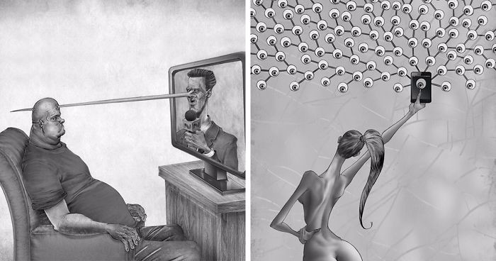 Argentyński artysta tworzy satyryczne ilustracje podsumowujące grzechy współczesnego społeczeństwa.
