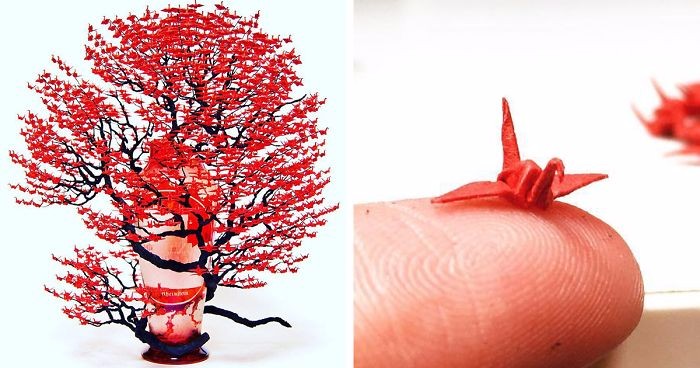 Japońska artystka przemienia tysiące miniaturowych figurek origami w efektowne drzewka bonsai.