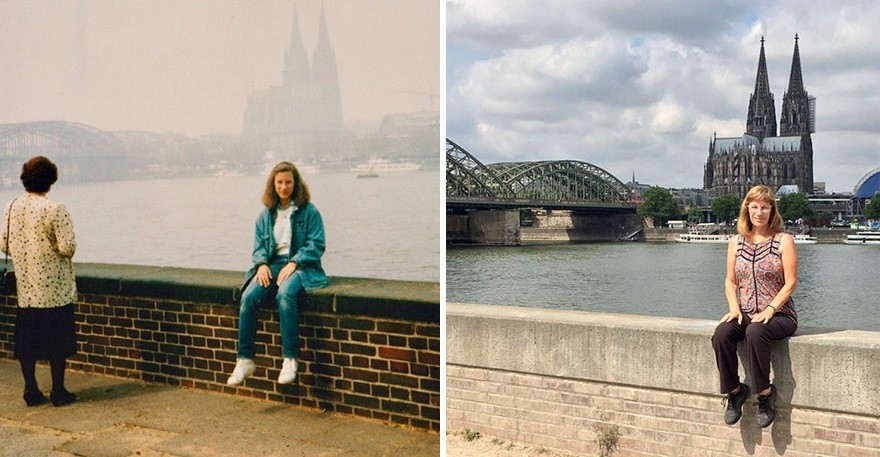 30 lat później – te same miejsca i odmieniona przez czas turystka w serii fotografii z podróży.