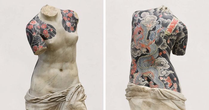 Włoski artysta ozdabia klasyczne rzeźby więziennymi tatuażami, nadając im niebezpieczny wygląd.