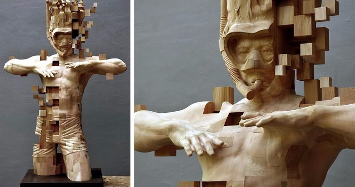 Tajwański rzeźbiarz tworzy humanoidalne drewniane posągi na bazie trójwymiarowych pikseli.
