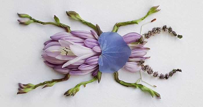 Japoński artysta modeluje niezwykle realistyczne insekty przy pomocy wielobarwnych kwiatów.